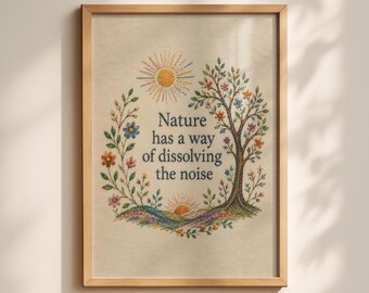 Nature Wall Art Print, Embroidered Botanical Decor, Folk Art Tree Canvas, Cottagecore Floral Artwork
