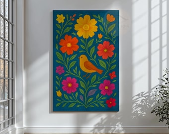 Blue Folk Bird Canvas Print: Colorful Floral Botanical Wall Art