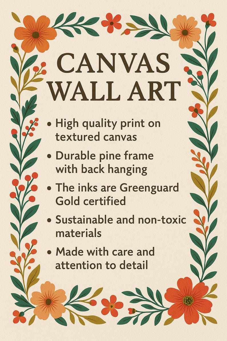 May include: Canvas wall art with a floral border. The text reads "CANVAS WALL ART" with bullet points describing the print quality, frame, inks, and materials. The art features orange and red flowers and green leaves.