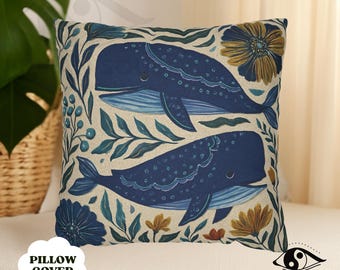 Ocean Whale Pillow Cover: Boho Coastal Nautical Throw