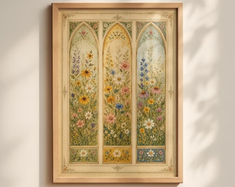 Wildflower Meadow Wall Art, Floral Window Panel Printable, Cottagecore Botanical Decor Download