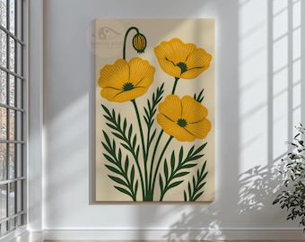 May include: A floral canvas print featuring three yellow poppy flowers with green stems and leaves against a cream background. The artwork is displayed on a white wall, with natural light from a nearby window.