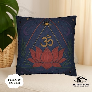 May include: A square cushion cover with a navy blue backdrop, displaying a red lotus flower, a gold Om symbol, and a geometric design with stars and moons. The text "PILLOW COVER" is in a white bubble.