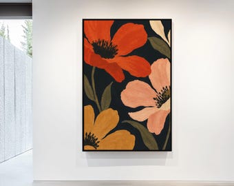 Bold Vintage Poppy Floral Rolled Poster | Red Peach Ochre Blooms
