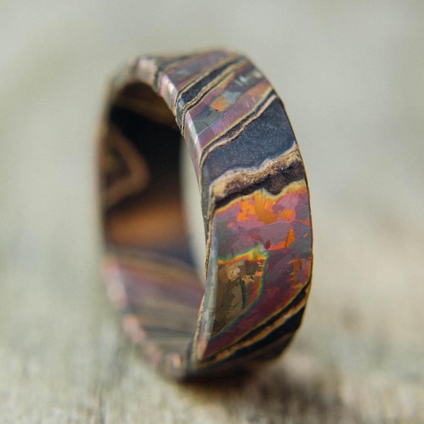 Mens Wedding Band, Iridescent Flame Anodized Crystallized Titanium and Zirconium Damascus Wedding Band, Mens Black Ring, Mens Titanium Ring