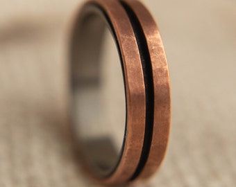 Dual Copper Wedding Band w/ Zirconium Liner, Copper Ring, Mens Ring, Black and Copper Wedding Band, Unique Ring, Rustic Copper Ring