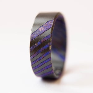 Violet Crystallized Titanium and Zirconium Damascus Wedding Band, Mens Black Ring, Titanium Ring, Mens Wedding Band, Unique Wedding Band