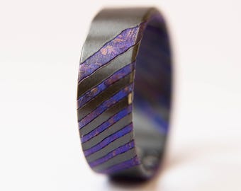 Violet Crystallized Titanium and Zirconium Damascus Wedding Band, Mens Black Ring, Titanium Ring, Mens Wedding Band, Unique Wedding Band