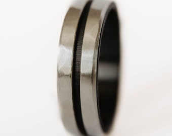 Alliance double en argent avec revêtement en zirconium, bague en argent, bague pour homme, alliance noir et argent, bague unique, bague en argent rustique