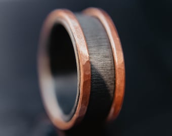 Black Zirconium and Copper Wedding Band, Copper Ring, Mens Black Wedding Ring, Unique Wedding Band, Boho Wedding Band, Wood Grain Ring