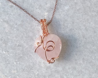 Rose Quartz Heart Wrapped Copper Healing Pendant