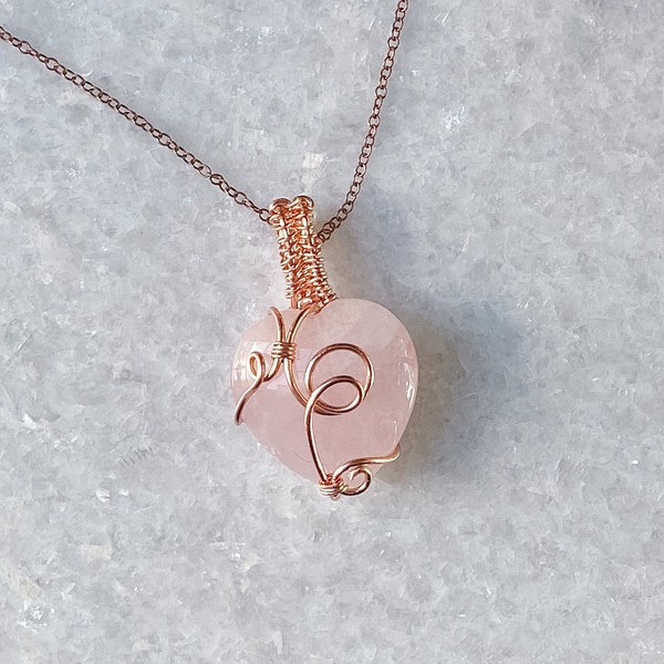 Rose Quartz Heart Wrapped Copper Healing Pendant