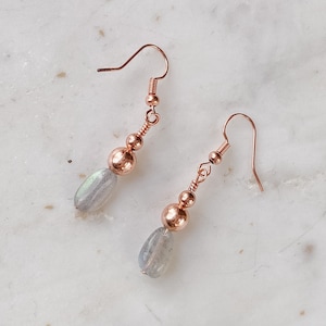Labradorite and Copper Earrings, Dainty Drop Copper Bead Earrings