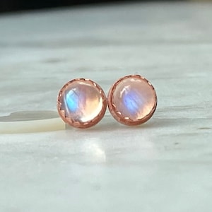 Rainbow Moonstone Studs, Healing Copper and Moonstone Everyday Earrings