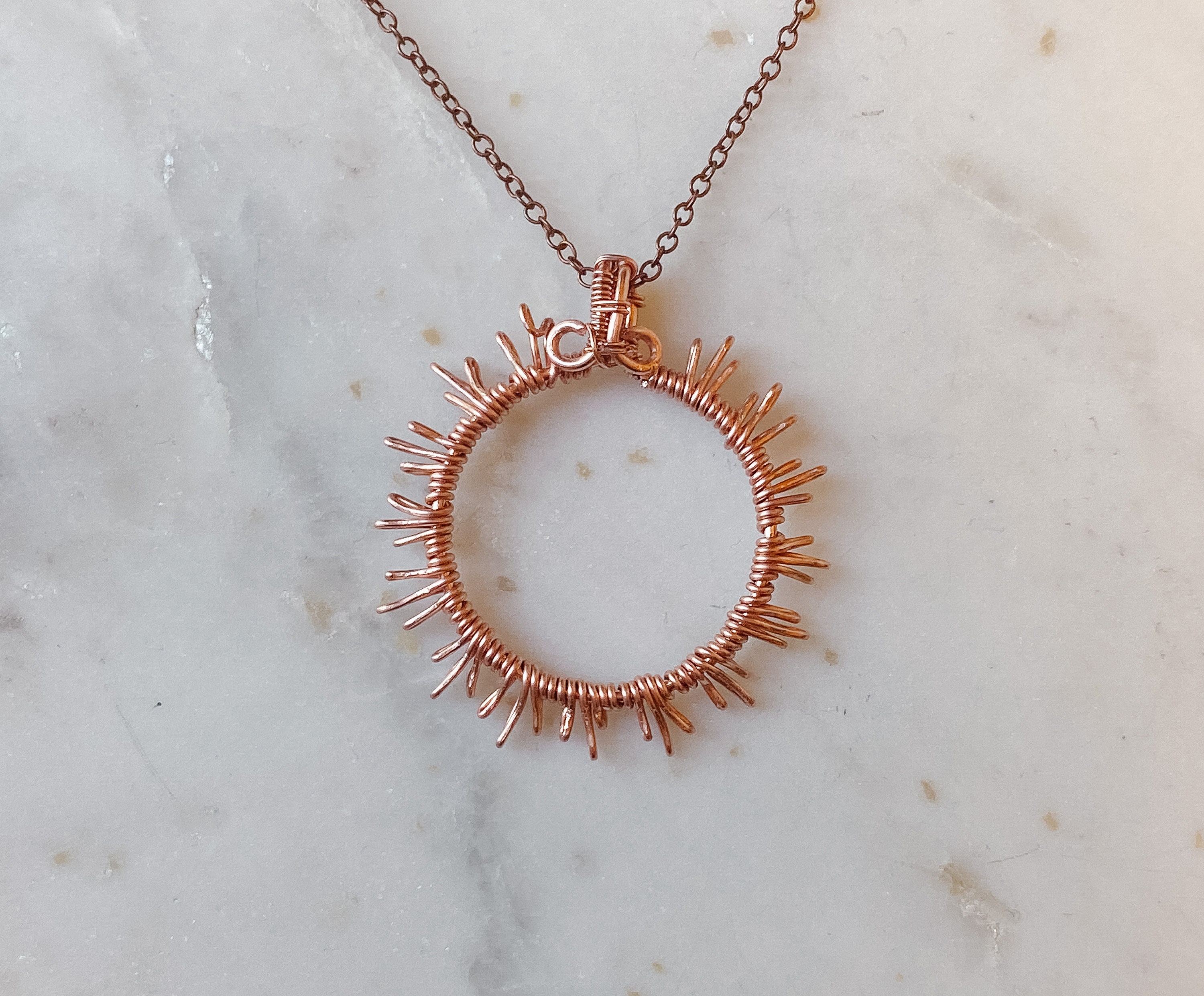 Sunburst Pendant Copper Sun Necklace Minimalist Boho Style Chain