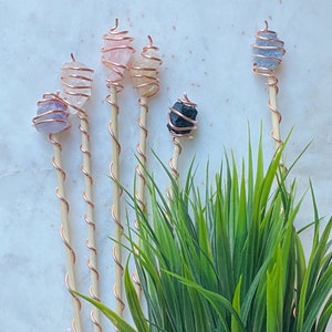 Electroculture Gemstone Copper Plant Stakes, Copper Plant Stakes, Rose Quartz and Copper Plant Stake
