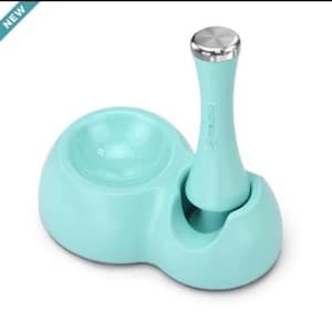 May include: A light blue ceramic pet food and water bowl set with a raised water dispenser. The dispenser has a stainless steel top and the text "Elevated" printed on the side.