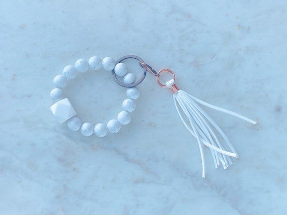 Portachiavi Bracciale Elastico Donna Con Perline In Silicone, Strass E Nappa In Pelle, 2 Anelli Portachiavi - 3