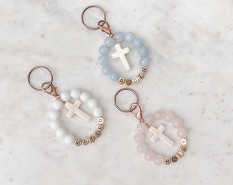 Mini llavero con rosario, recuerdo de bautismo para niñas, mini llavero con rosario personalizado, bombonera de bautismo para niños, regalos con forma de cruz