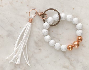 Portachiavi Bracciale Elastico Con Perline In Silicone E Strass, Con Nappa In Pelle, 2 Anelli Portachiavi, Accessorio Donna