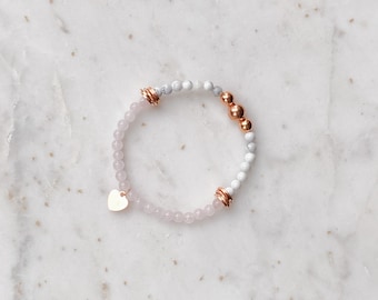 Dainty Everyday Gemstone Bracelet, Rose Quartz, Howlite and Copper Healing Bracelet, Stacker Bracelet