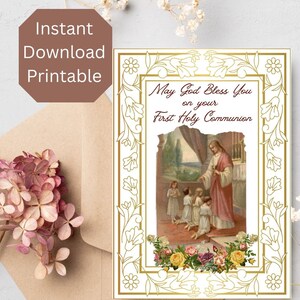 Tarjeta de Primera Comunión imprimible, saludo sacramental católico para niño o niña, descarga instantánea.