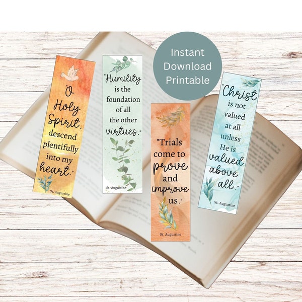 Printable Catholic Bookmarks, St. Augustine Bookmark Set, Page Markers, Catholic Saint Gift, Instant Download