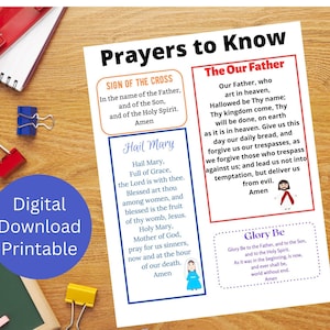 Catholic Prayers Printable / Prayers for Children / Common Catholic Prayers / Our Father / Hail Mary / Glory Be / Sign of the Cross