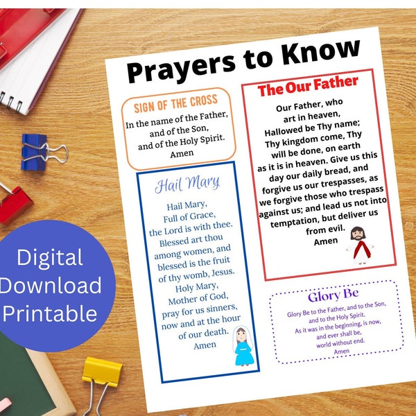 Catholic Prayers Printable / Prayers for Children / Common Catholic Prayers / Our Father / Hail Mary / Glory Be / Sign of the Cross