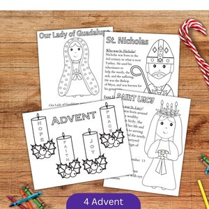 May include: Four Advent coloring pages with illustrations of Our Lady of Guadalupe, St. Nicholas, Saint Lucy, and Advent candles. The pages are black and white, with the text "4 Advent Coloring Pages" in a purple rectangle. Crayons and candy canes are also present.