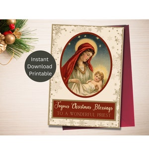 Tarjeta de Navidad imprimible del sacerdote, bendiciones navideñas para el sacerdote, regalo católico, María y el Niño Jesús, descarga instantánea