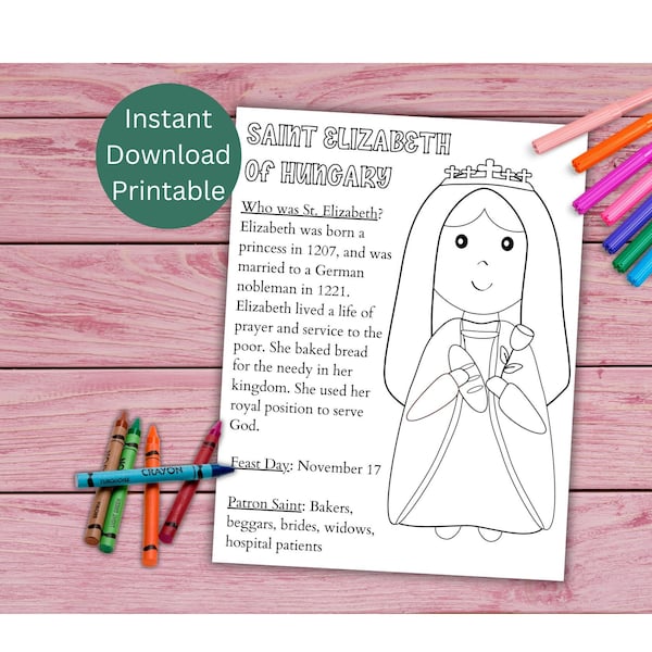 St. Elizabeth of Hungary Coloring Page / Printable Coloring Page / Saint Coloring Page / Catholic Coloring Page