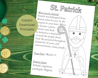 St. Patrick Printable Coloring Page, Catholic Saint Kid's Activity Instant Download