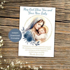 Tarjeta católica para futura madre, tarjeta de baby shower, saludo de María y Jesús, nuevo bebé, bendiciones de Dios para el bebé, descarga instantánea