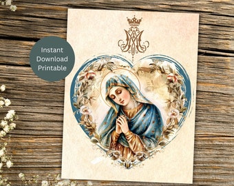 Tarjeta mariana imprimible para cualquier ocasión, tarjeta de la Virgen María, saludo católico, tarjeta con notas de María, descarga instantánea