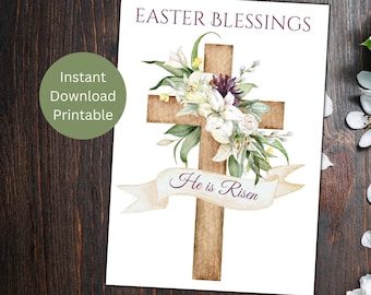 Printable Catholic Easter Card, Religious Cross, He Is Risen (Instant Download)