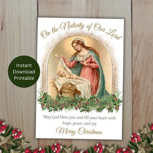 Tarjeta navideña católica imprimible, Natividad de Nuestro Señor, María y el Niño Jesús, Saludos de Natividad, Bendiciones navideñas, Descarga instantánea