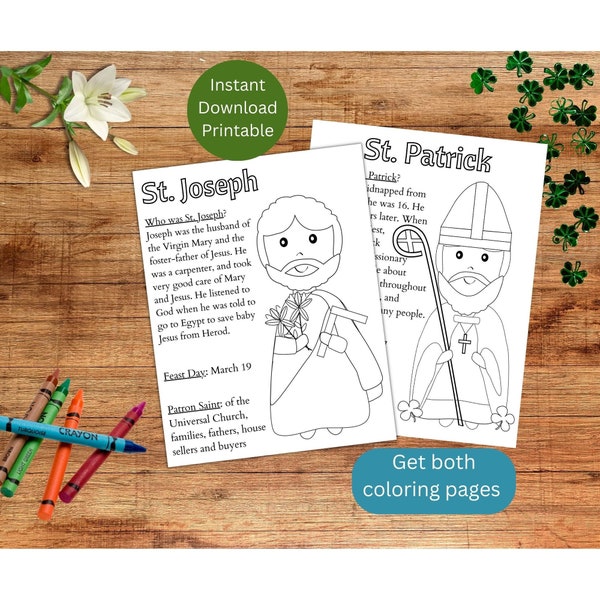 Printable Saint Coloring Pages, March Saints Pictures to Color, St. Joseph and St. Patrick, Catholic Saints Activity