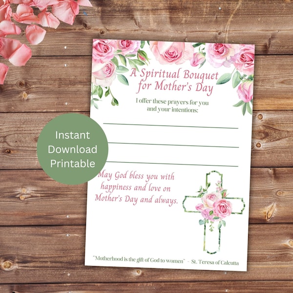 Mother's Day Spiritual Bouquet, Catholic Printable Card, Happy Mother's Day, Gift For Mom, Prayer Card, Instant Download