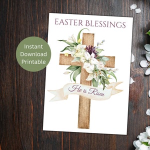 Cartão de Páscoa católico para impressão, bênçãos religiosas de Páscoa, cartão cristão, saudação da cruz pascal, ele ressuscitou, download instantâneo