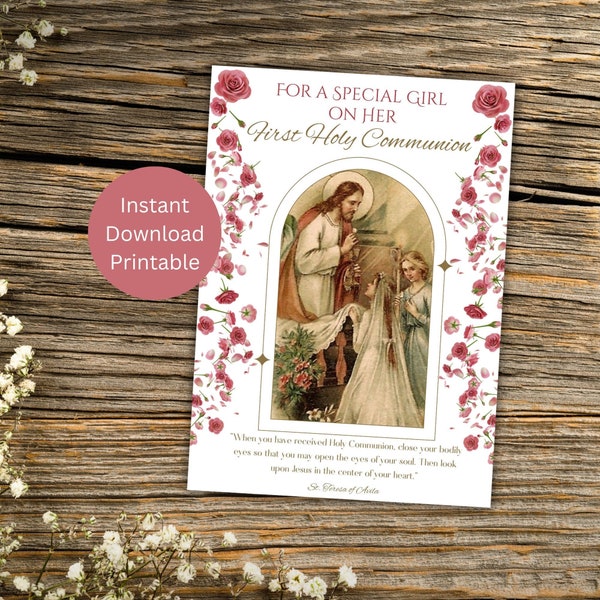 First Holy Communion Card for Girl, Printable Catholic Sacrament Greeting, Communion for Girl, Jesus Holy Communion, Instant Download
