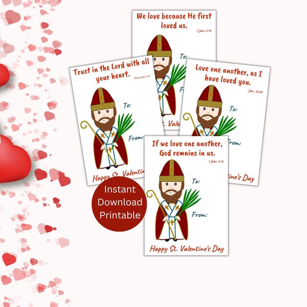 St. Valentine's Day Printable Card, Catholic Saint Party Favor, Kid's Valentine Cards, Instant Download