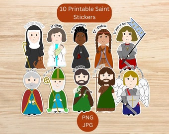 Może przedstawiać: Zestaw 10 naklejek ze świętymi do druku z ilustracjami w stylu kreskówkowym przedstawiającymi postacie: St. Gertrude of Nivelles, St. Gianna, St. Josephine Bakhita, St. Kateri, St. Joan of Arc, St. Peter, St. Patrick, St. Joseph, St. John the Baptist i St. Michael.