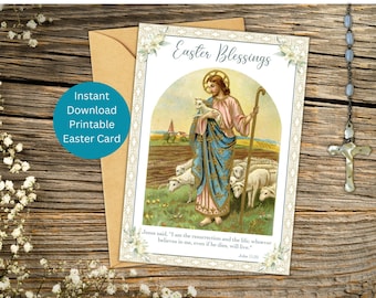 Printable Catholic Easter Card, Easter Blessings Jesus with Lambs Instant Download