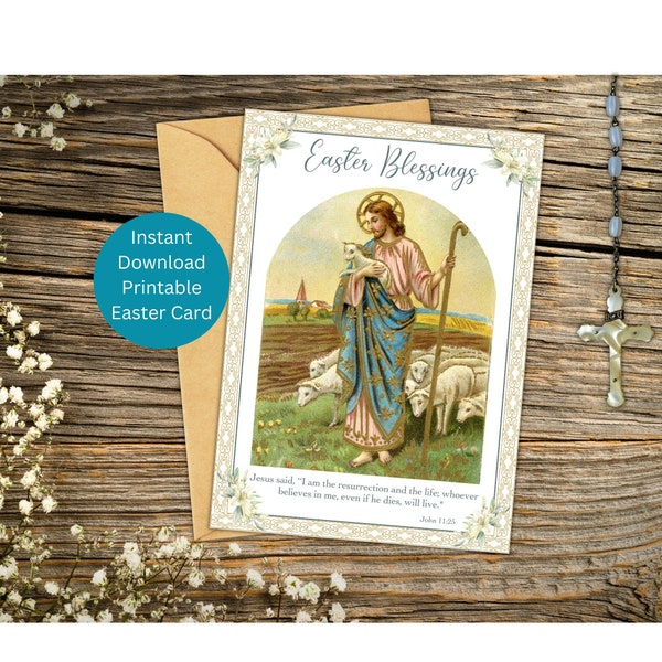 Catholic Easter Card, Printable Religious Easter Card, Easter Blessings, Christian Paschal Greeting, Jesus with Lambs, Instant Download