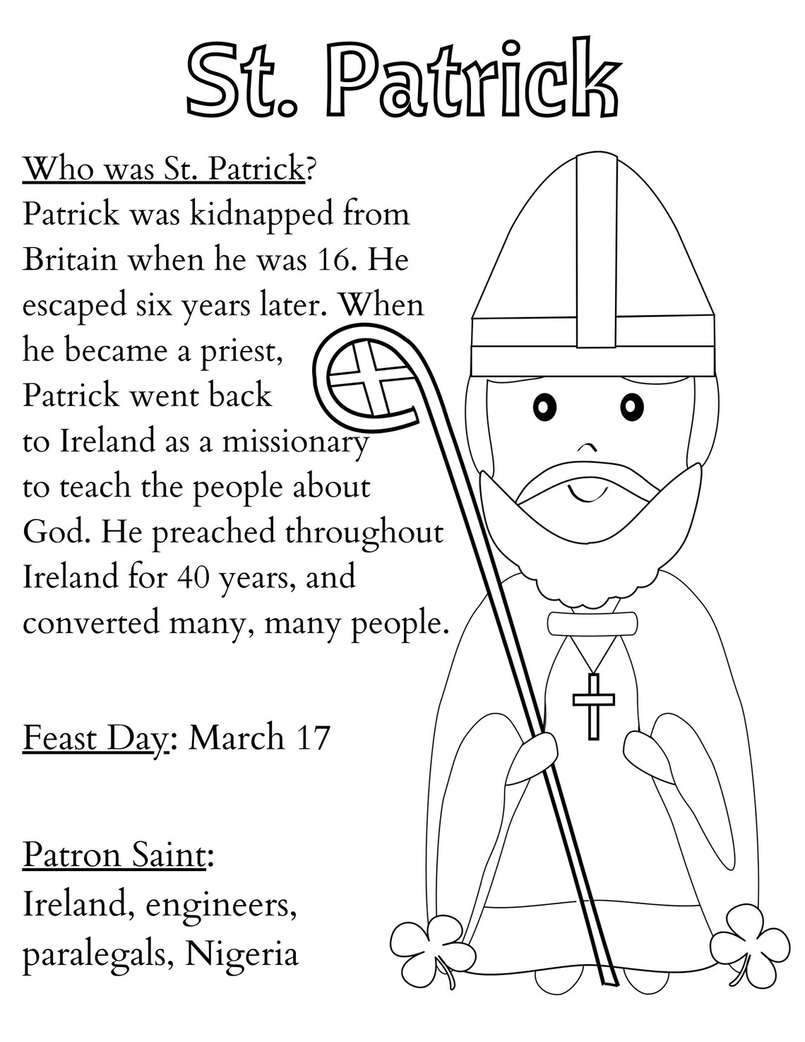 St. Patrick Coloring Page, Printable Saint Coloring Page, Catholic Kid ...