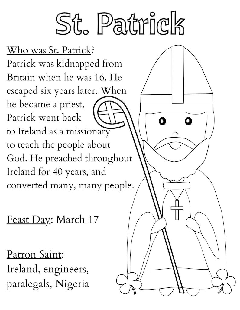 St. Patrick Coloring Page, Printable Saint Coloring Page, Catholic Kid ...