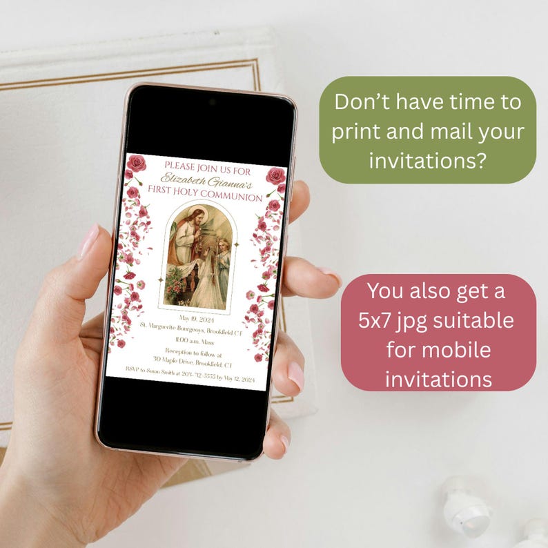 Custom First Communion Invitation for Girl, Catholic Personalized Printable Invite Instant Download or Mobile image 3