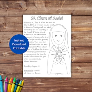 St. Clare of Assisi Coloring Page, Printable Saint Coloring, Catholic Kid&#39;s Activity, August Saint, Instant Download
