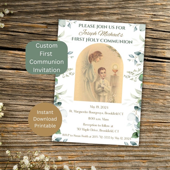 Personalized Printable First Communion Invitation for Catholic Boy, Mobile Invite